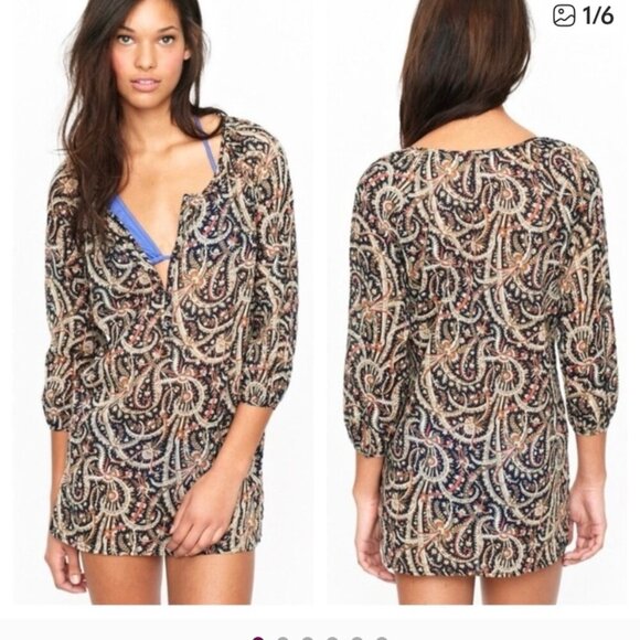J Crew tunic top swim cover Women's Extra Small black orange tan floral - Picture 2 of 8